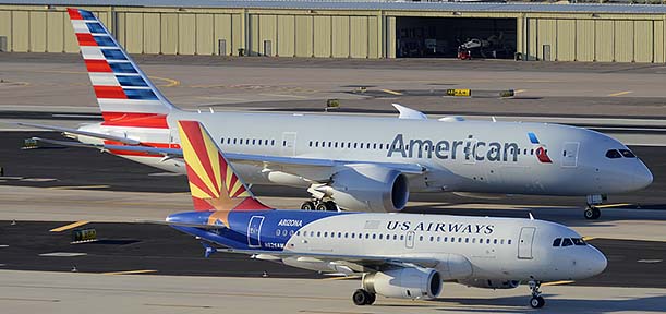 US Airways Airbus A319-132 N826AW Arizona and American Boeing 787-823 N801AC, Phoenix Sky Harbor, March 10, 2015